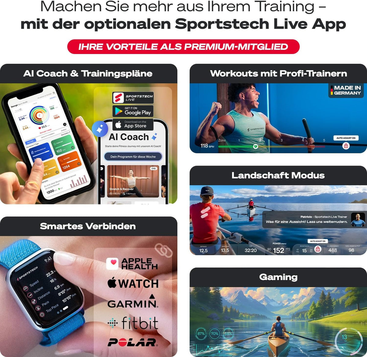 Rudergerät Magnetwiderstand PROwer BL 32 Stufen LED Display Bluetooth klappbar Dual Rail für Zuhause