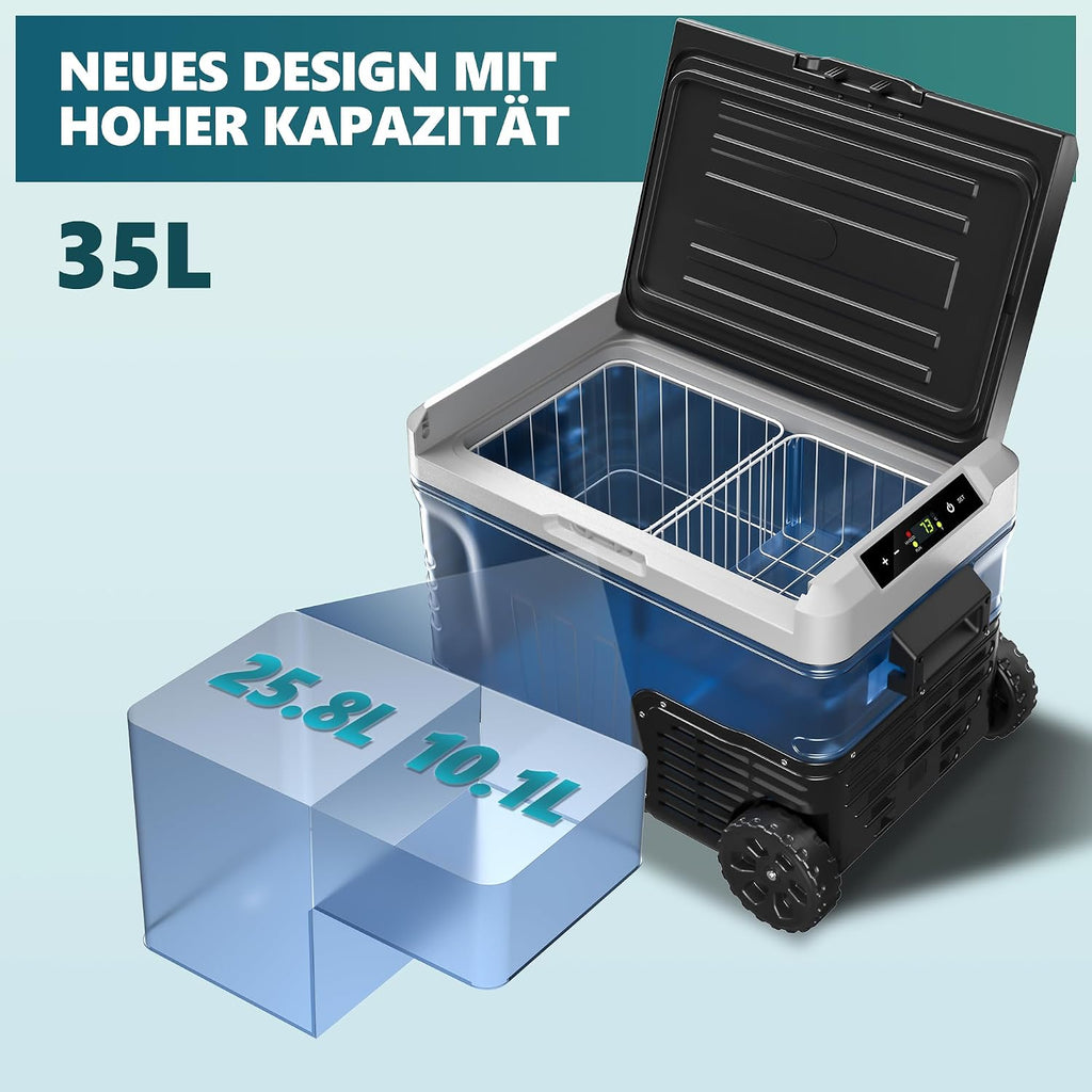 Kompressor Kühlbox 35L Auto Kühlschrank 12V 24V 220V -20 bis 20°C mit App Steuerung Rollen für Camping