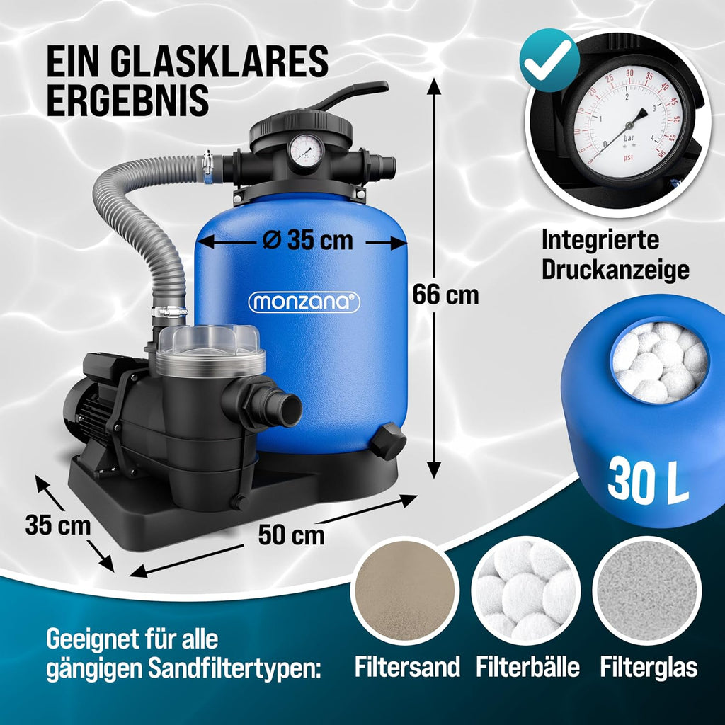 Sandfilteranlage Poolfilter 13200 l/h SF110K 600W 30L 7-Wege-Ventil bis 58000L Pool Ø32-38mm