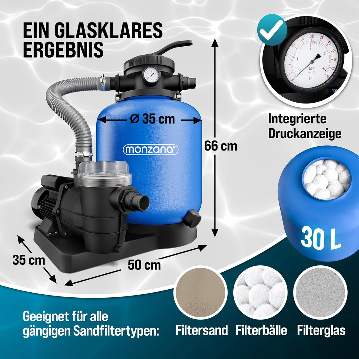Sandfilteranlage Poolfilter 13200 l/h SF110K 600W 30L 7-Wege-Ventil bis 58000L Pool Ø32-38mm