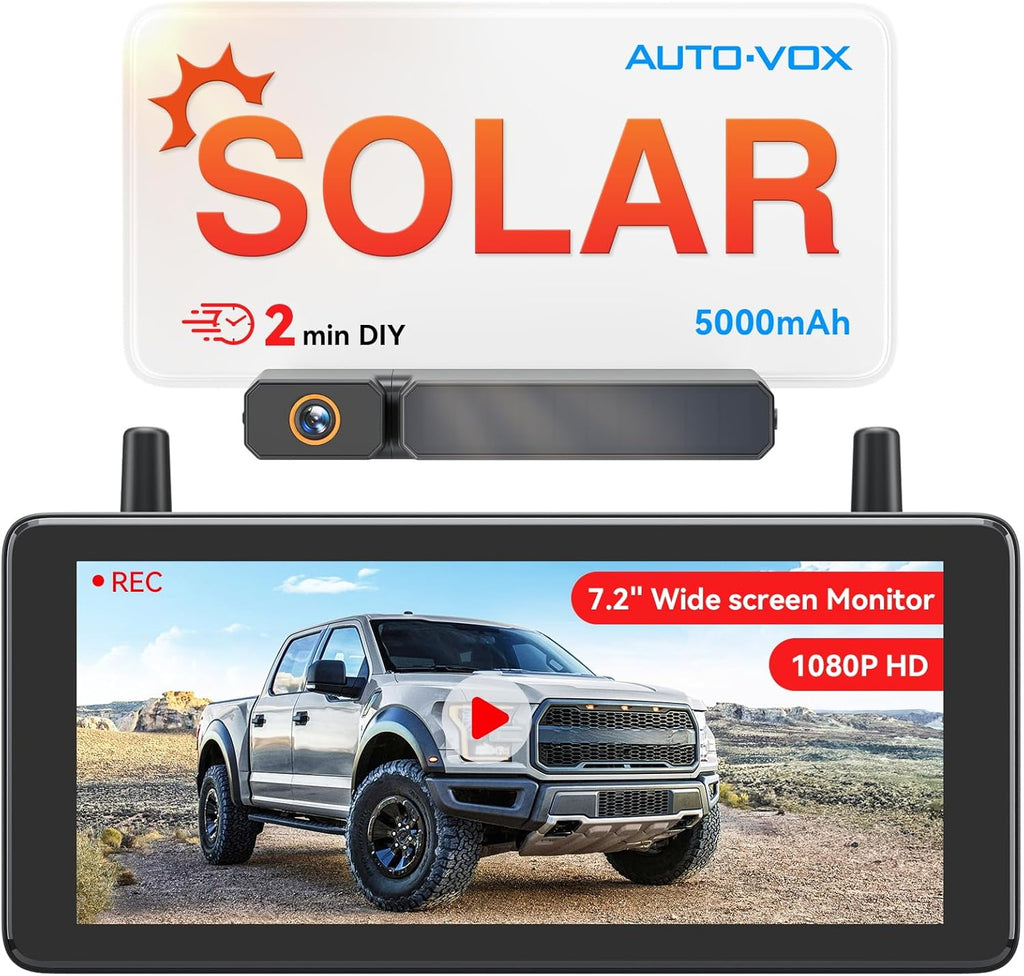 Kabelloses Rückfahrkamera System 7,2 Zoll 1080p HD solarbetrieben IP69K für Auto LKW Wohnmobil und Anhänger