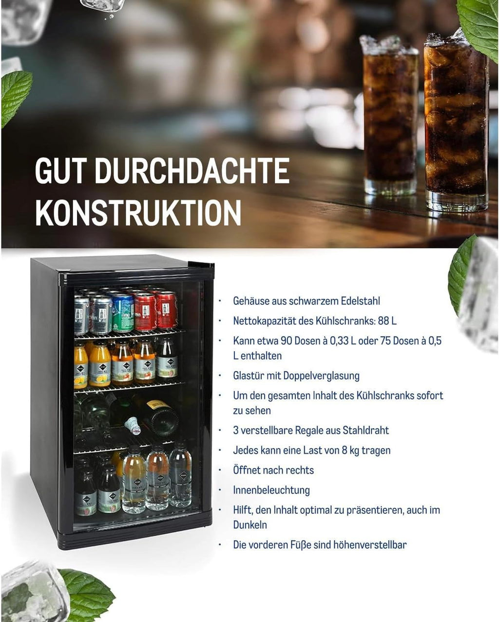 Mini Kühlschrank GPC1088 88L eingebaut Kompakt 3 Glasböden automatische Abtauung LED Innenbeleuchtung