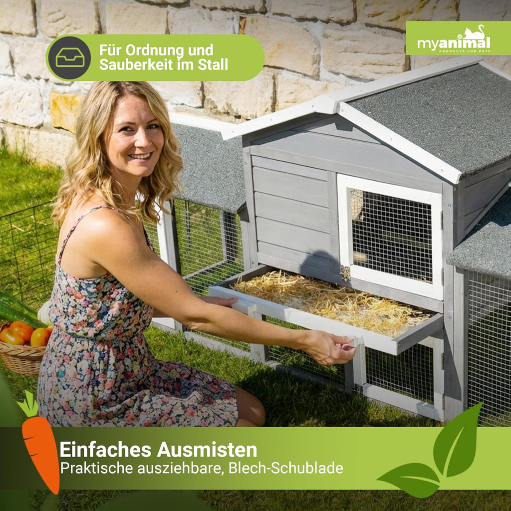 Hasenstall XXL mit Freilaufgehege MH-03 226x53x85 cm 2 Ebenen Holz Kaninchenstall mit Schublade und 4 Türen
