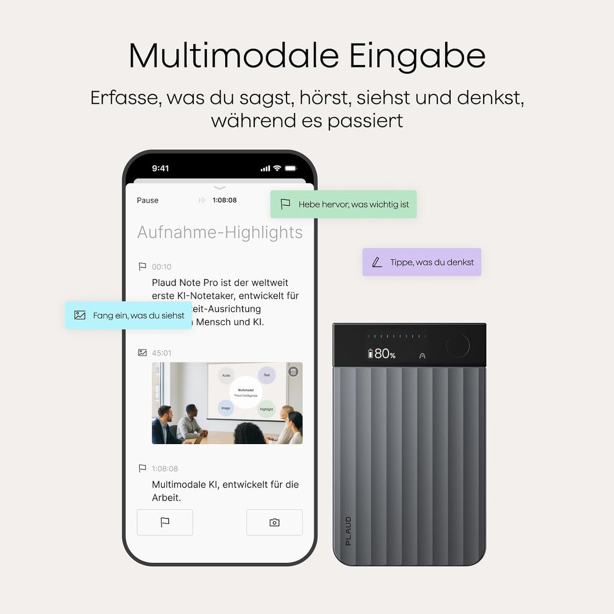 KI Diktiergerät Note Pro Sprachrekorder mit Transkription und Zusammenfassung 64GB Bluetooth 50h Aufnahmezeit
