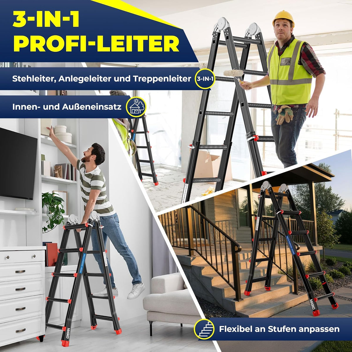 Aluminium Mehrzweckleiter 6in1 20 Sprossen 520 cm ausziehbar Klappleiter Gelenkleiter Anlegeleiter 150 kg belastbar
