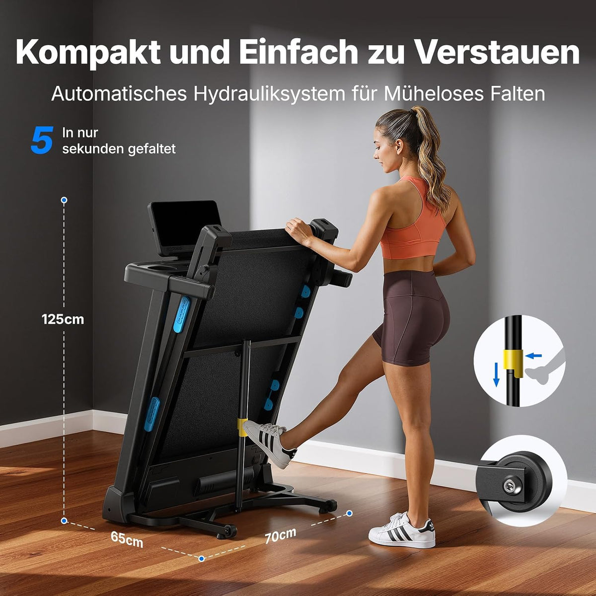 Laufband klappbar mit Steigung MR-T12B2 0–15% Neigung 0.8–12 km/h 136 kg Tragkraft 42×108 cm Lauffläche App Steuerung