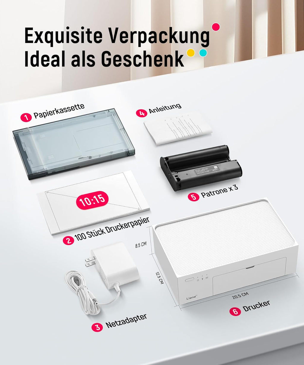 Fotodrucker 10x15 cm tragbar DHP513 Farbstoffsublimation 300 DPI WLAN USB kompatibel mit Smartphone PC inkl Fotopapier und Patrone