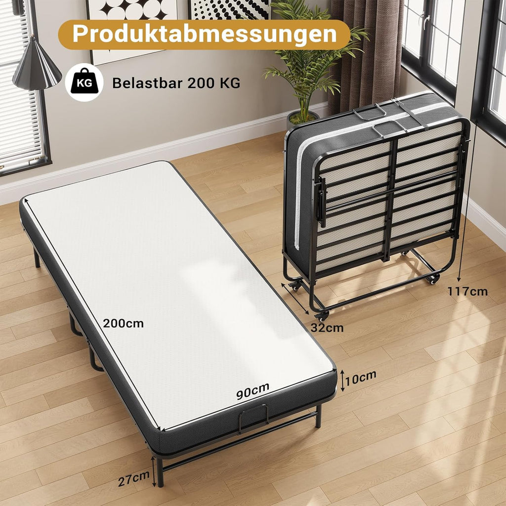 Klappbett Gästebett 90x200 cm mit 10 cm Schaumstoffmatratze Metallrahmen klappbar mit 4 Rollen bis 200 kg
