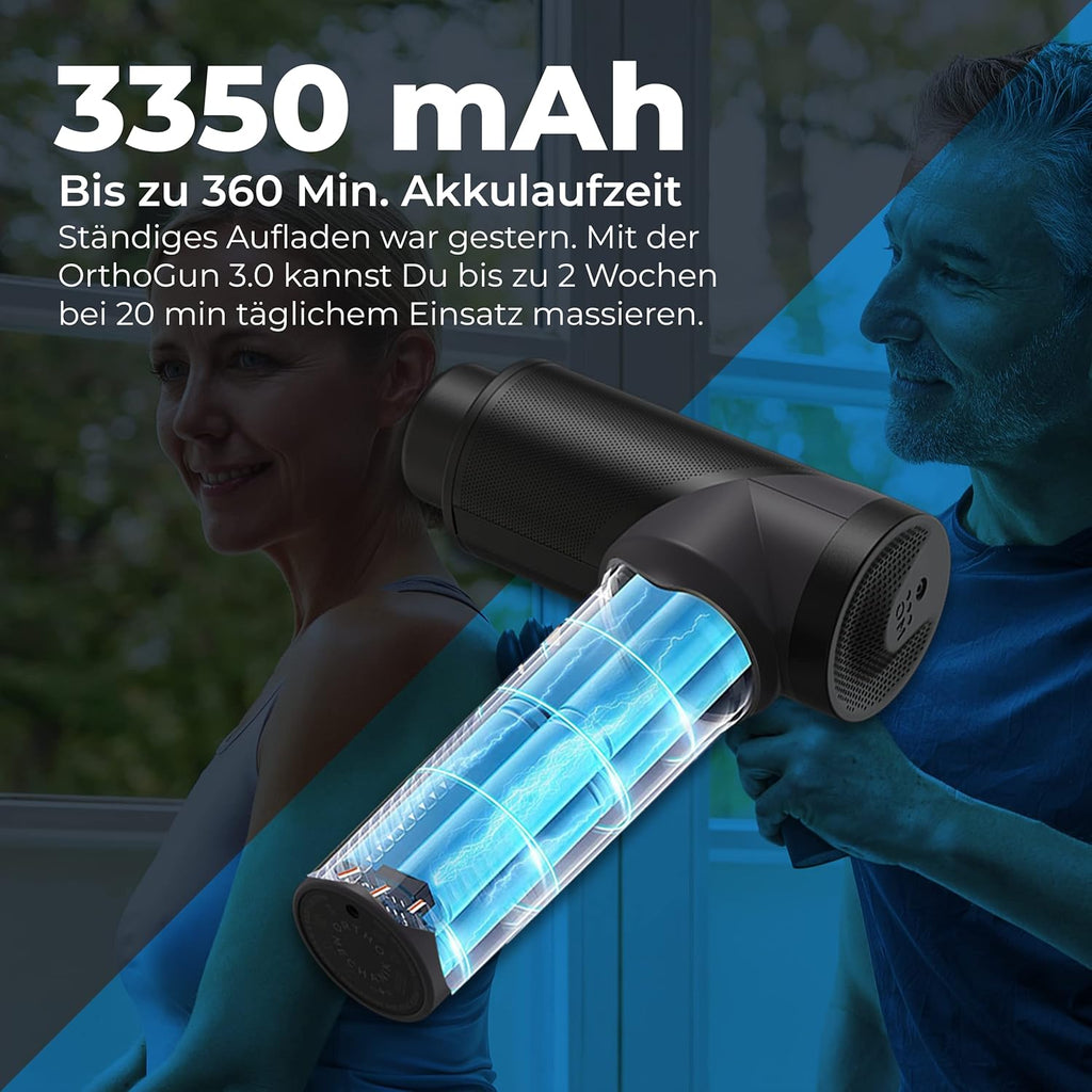Massagepistole OrthoGun 3.0 160W 5 Intensitäten 7 Aufsätze Akku 360 Min Laufzeit inkl Koffer