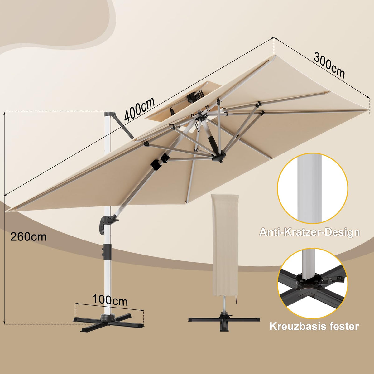 Ampelschirm 300x400 cm Alu Doppel Vordach UV50+ wasserabweisend mit Kurbel 360° Rotation