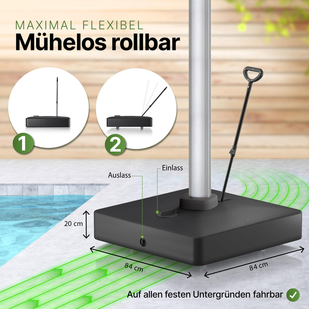 Sonnenschirmständer 162 kg befüllbar mit Rollen für Ampelschirme 84x84x21 cm Wasser Sand fahrbar