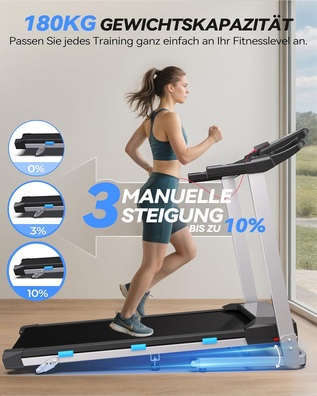 Klappbares Laufband TM015 mit Steigung 12 km/h 3,5 PS LED Display Bluetooth App Steuerung 12 Trainingsprogramme