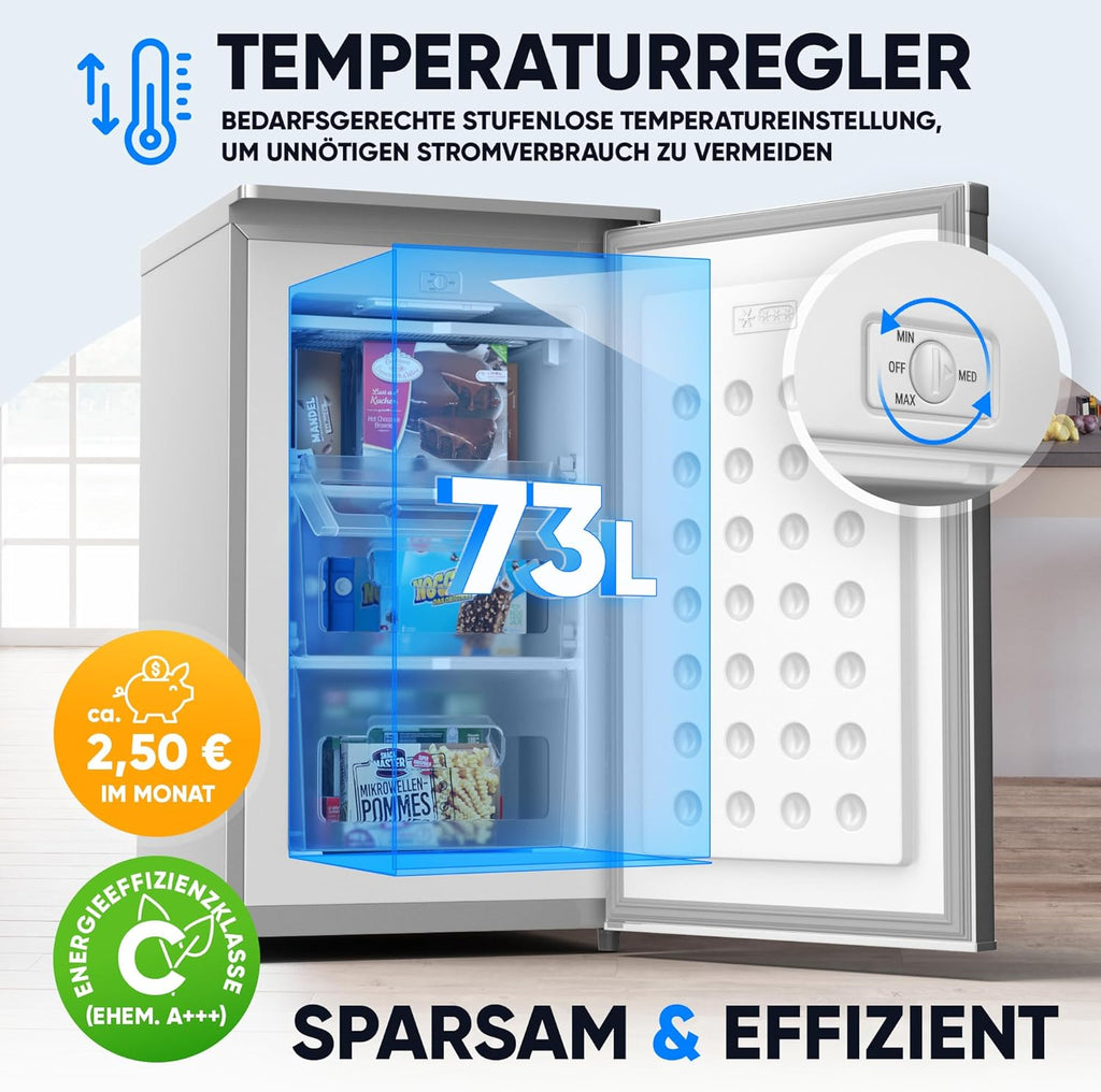 Mini Gefrierschrank 73L 4 Sterne GS-75.2-C freistehend 41 dB Energieklasse C 3 Fächer wechselbarer Türanschlag Silber