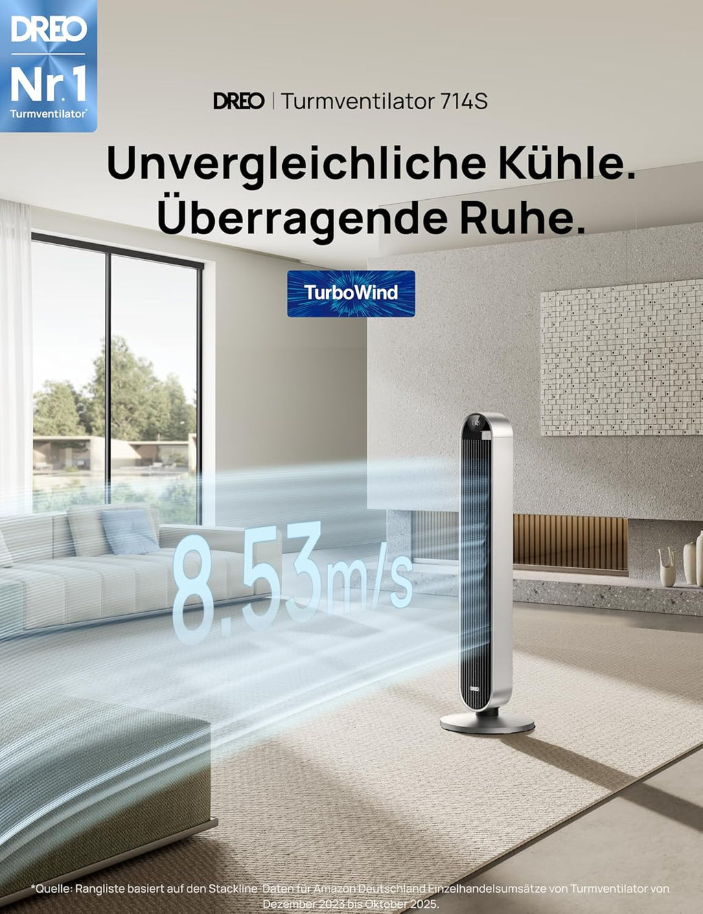 Turmventilator DR-HTF004S 108 cm mit 120° Oszillation 12 Geschwindigkeiten 25 dB WLAN App Steuerung und Timer
