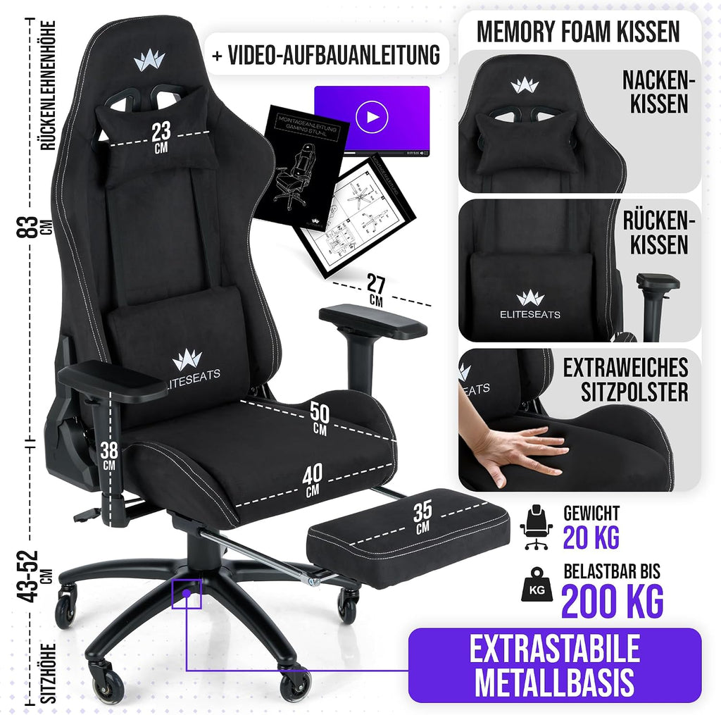 Gamingstuhl aus Stoff mit Fußstütze 4D Armlehnen Memory Foam Kissen und 150 kg Belastbarkeit