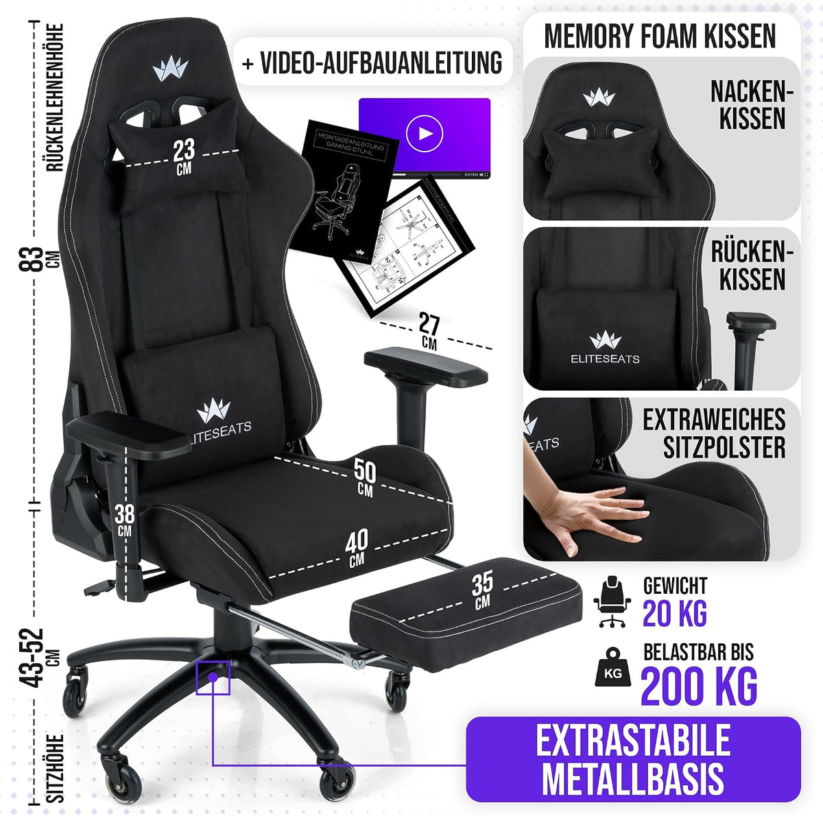 Gamingstuhl aus Stoff mit Fußstütze 4D Armlehnen Memory Foam Kissen und 150 kg Belastbarkeit