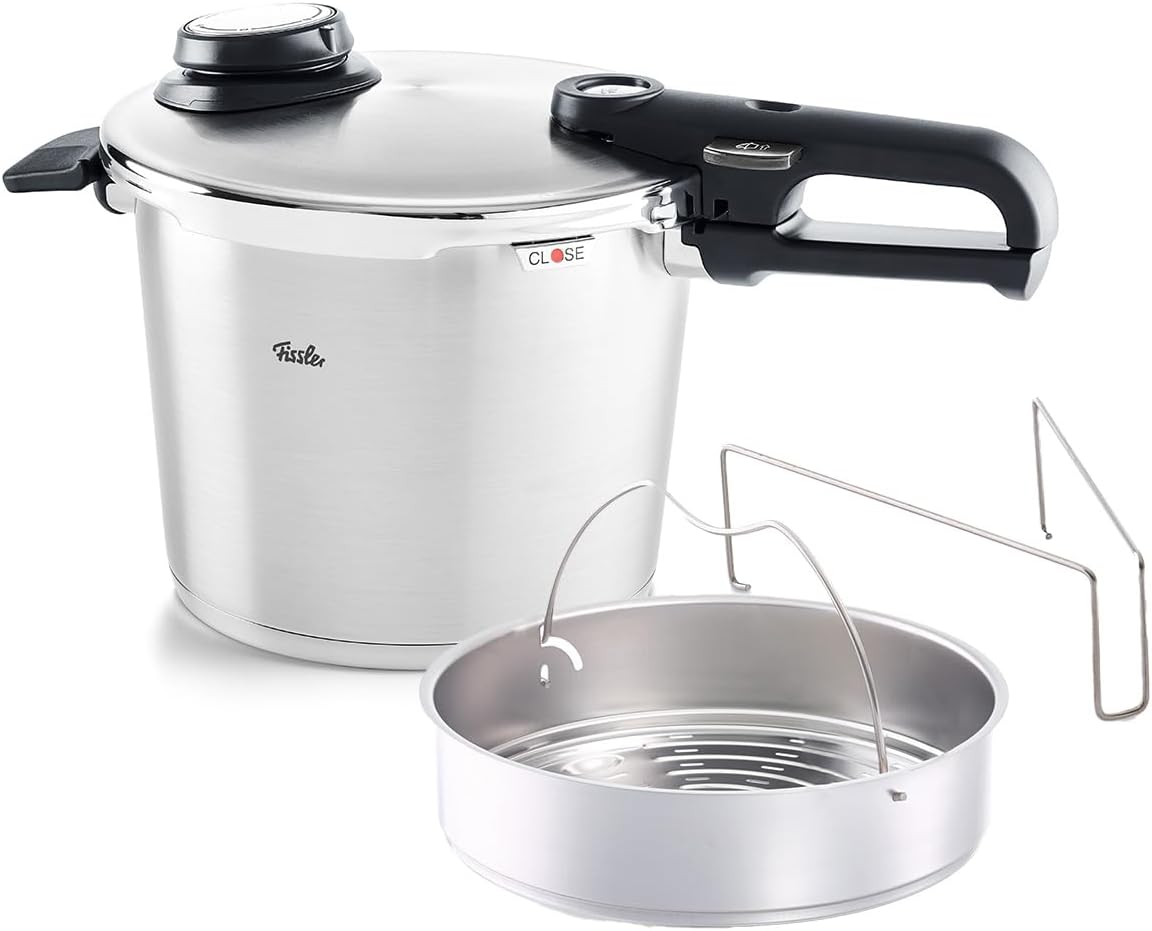 Schnellkochtopf Vitavit 6 L Ø 22 cm aus Edelstahl für Induktion mit 4 Garstufen Dampfgarfunktion und Einsatz