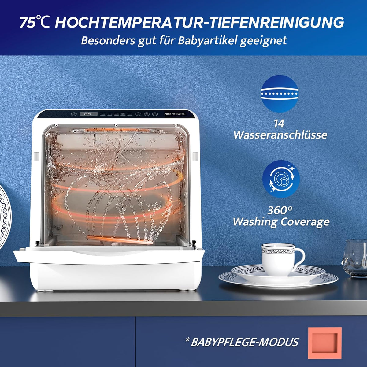 Tischgeschirrspüler AE-TDQR03 kompakt 5L Wassertank 6 Programme LED Display Touch Steuerung