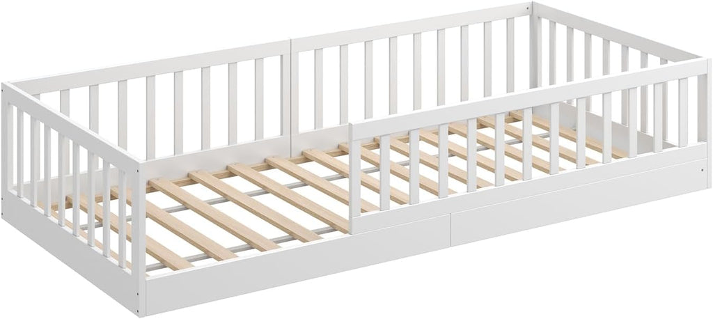 Bodenbett 90x200 cm Montessori Kinderbett Massivholz Kiefer mit Rausfallschutz und Roll-Lattenrost bis 200 kg