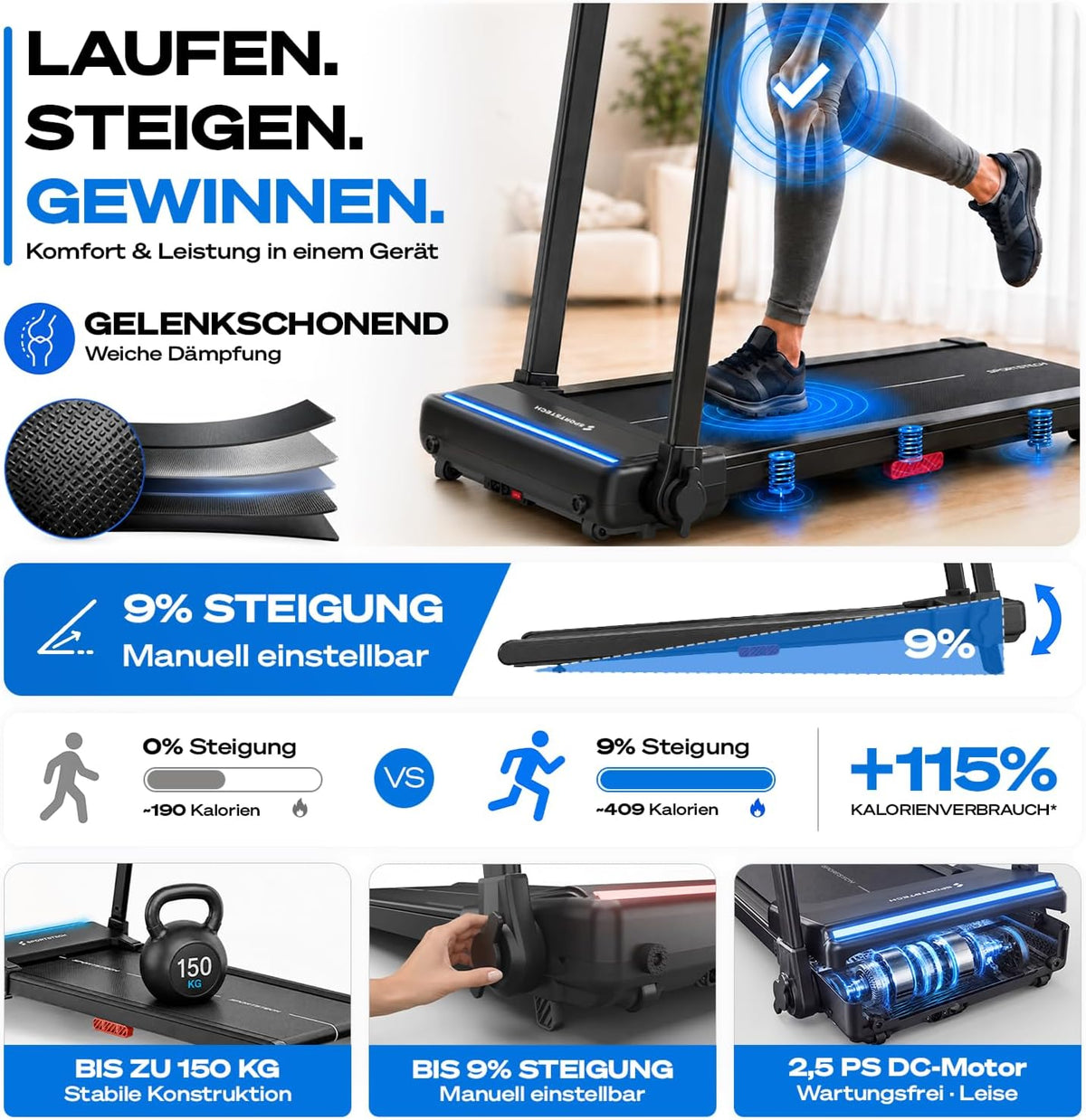 Elektrisches Laufband sProRun klappbar mit 9% Steigung 12 km/h für bis 120 kg Bluetooth LED Display und Tablethalter