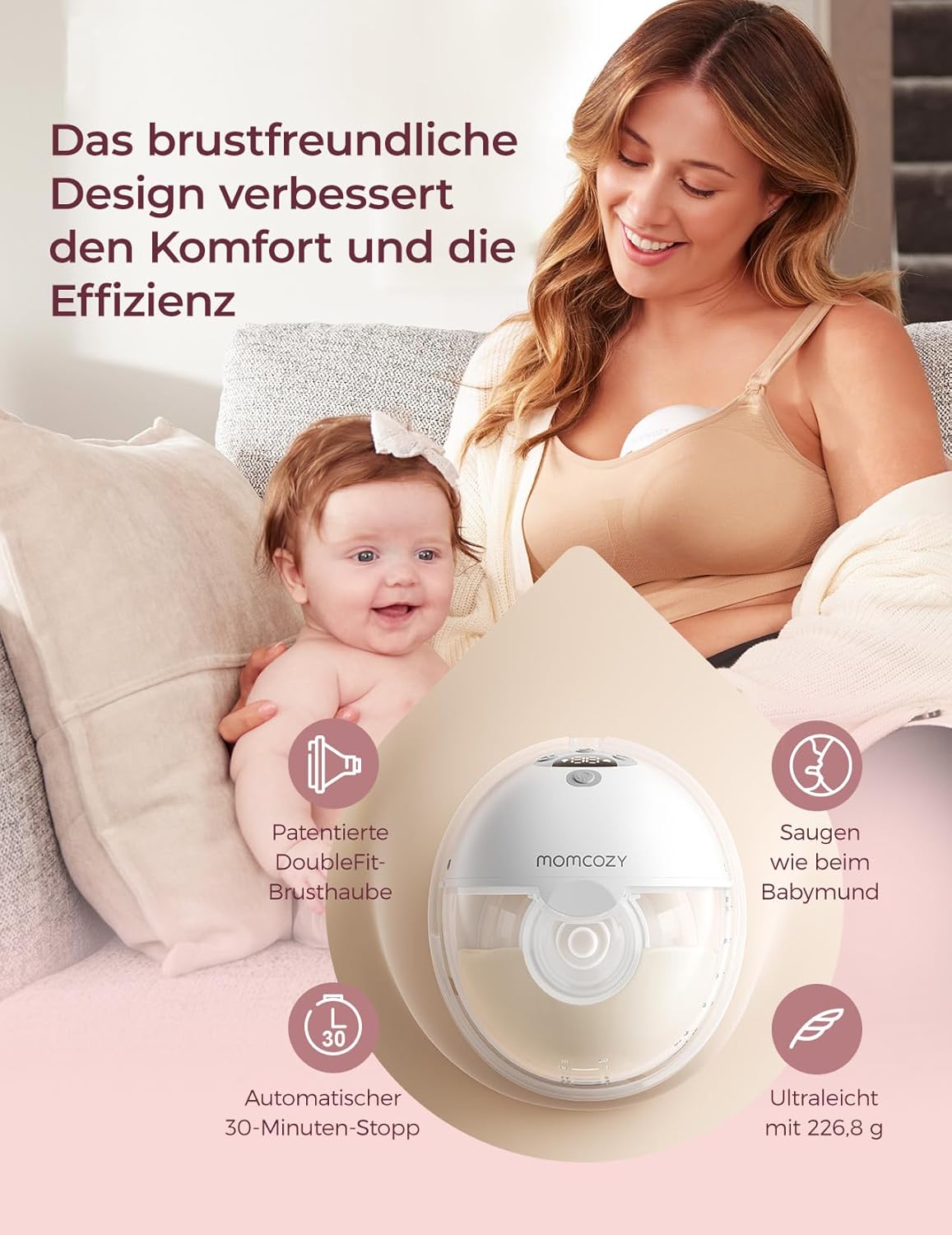 Milchpumpe elektrisch handsfree Doppelbrust tragbar M5 Smart App Steuerung 3 Modi 9 Stufen 2er Set Grau