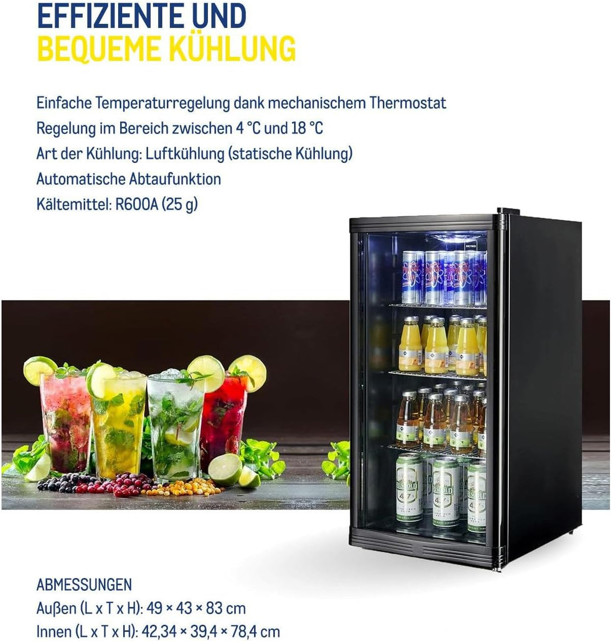 Mini Kühlschrank GPC1088 88L eingebaut Kompakt 3 Glasböden automatische Abtauung LED Innenbeleuchtung