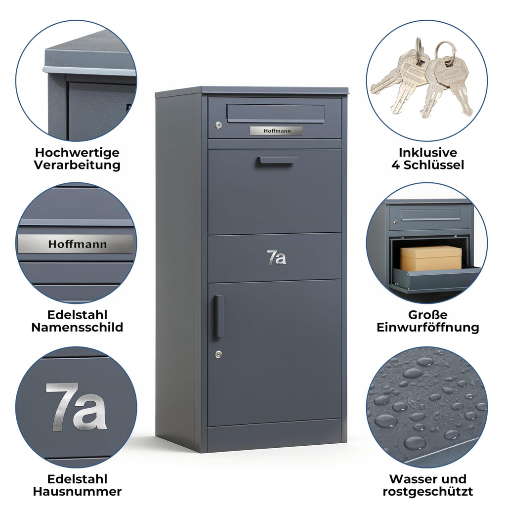 Paketbriefkasten mit Paketfach 85 l 112 x 50 x 39 cm verzinkter Stahl abschließbar freistehend mit 4 Schlüsseln Anthrazit