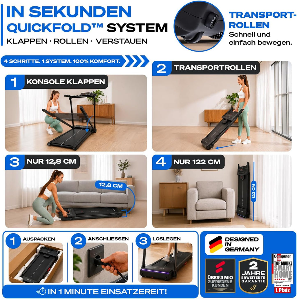 Elektrisches Laufband sProRun klappbar mit 9% Steigung 12 km/h für bis 120 kg Bluetooth LED Display und Tablethalter