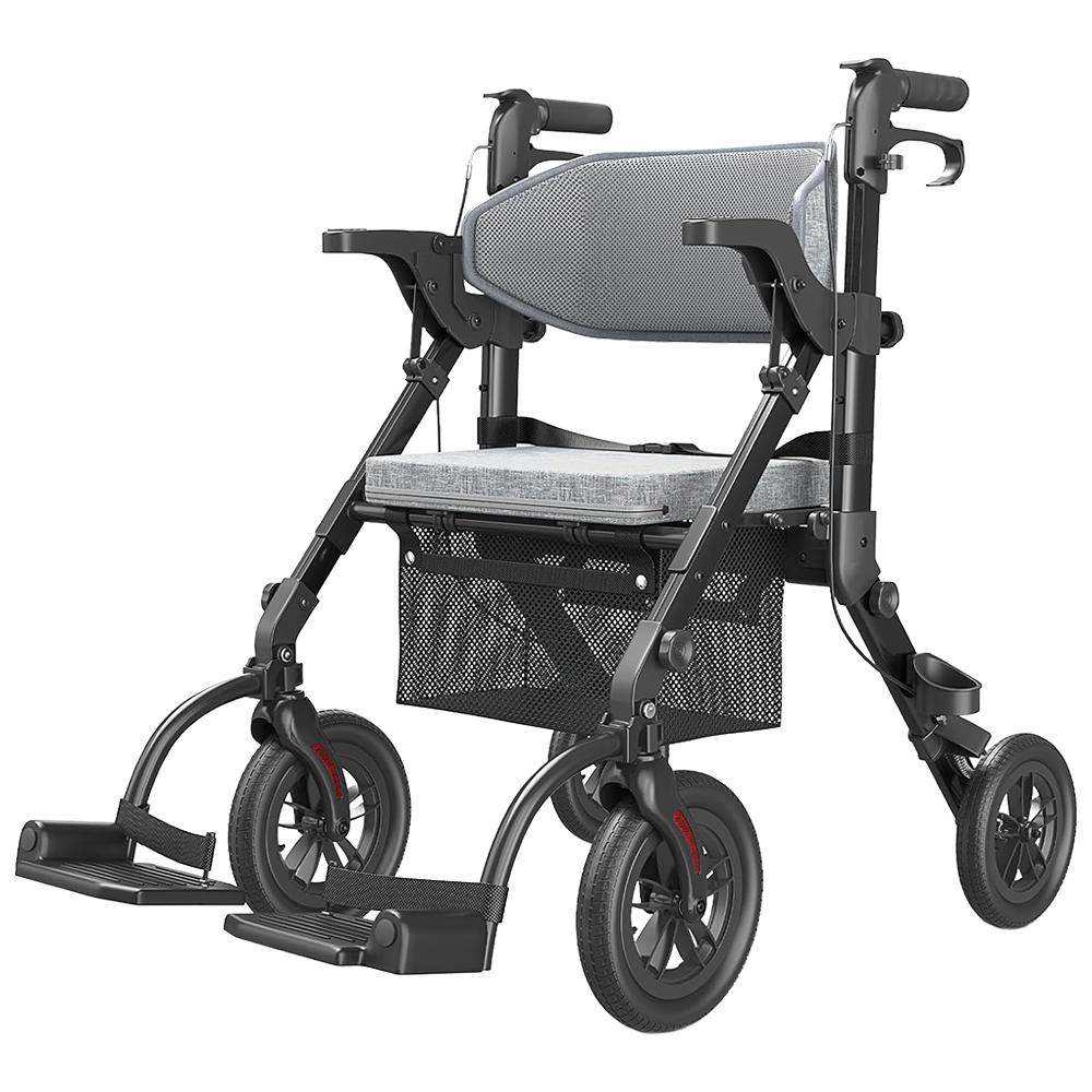 2-in-1 Rollator und Transportstuhl V-RL-Z51-E-BK faltbar aus Aluminium mit Sitz und Outdoor-Reifen bis 136 kg