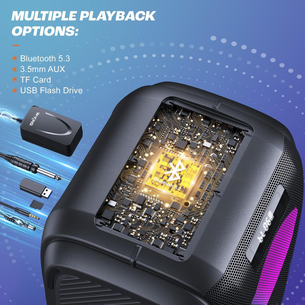 Bluetooth Party-Lautsprecher T9 Pro 270W mit Bluetooth 5.3 2 x 6,5 Zoll Woofern Mikrofon- und Gitarreneingang USB TF AUX Wechselakku