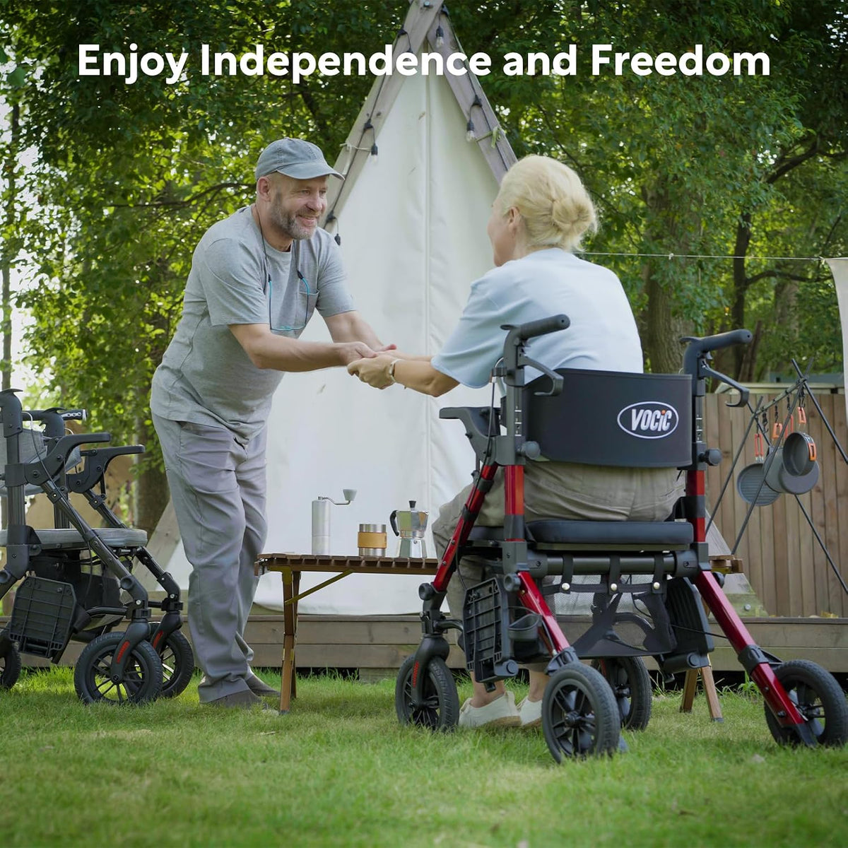 2-in-1 Rollator und Transportstuhl V-RL-Z51-E-BK faltbar aus Aluminium mit Sitz und Outdoor-Reifen bis 136 kg