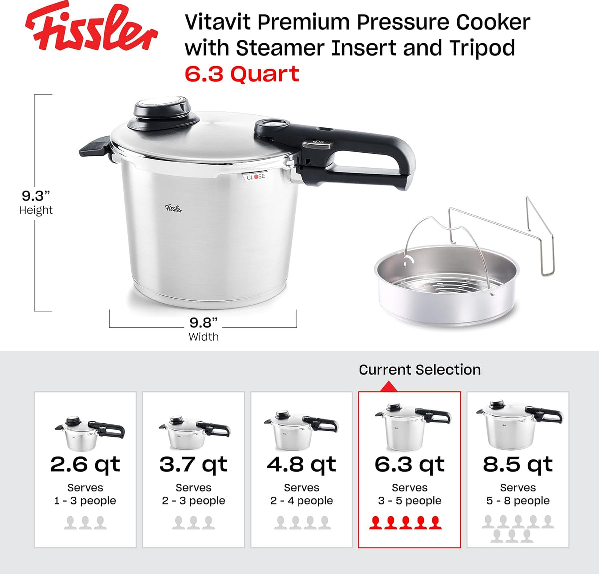 Schnellkochtopf Vitavit 6 L Ø 22 cm aus Edelstahl für Induktion mit 4 Garstufen Dampfgarfunktion und Einsatz