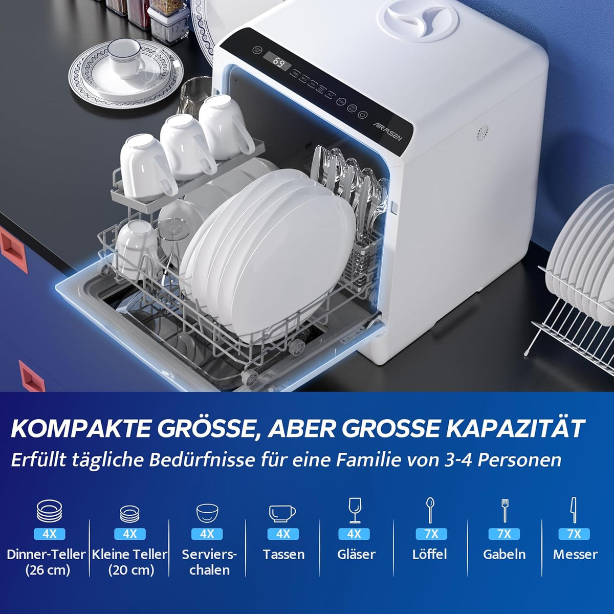 Tischgeschirrspüler AE-TDQR03 kompakt 5L Wassertank 6 Programme LED Display Touch Steuerung