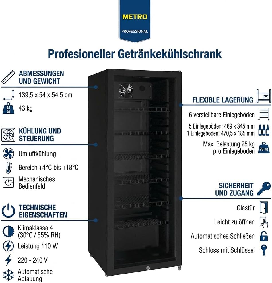 Getränkekühlschrank GSC4240B 237L 110W mit LED-Innenbeleuchtung und 6 verstellbaren Einlegeböden