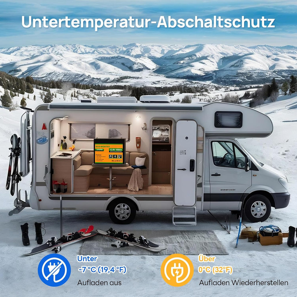 LiFePO4 Batterie 12V 100Ah mit Bluetooth BMS und 12/24V 20A Ladegerät Low Temperatur Schutz für Wohnmobil Boot
