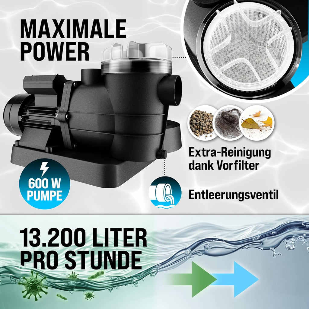 Sandfilteranlage Poolfilter 13200 l/h SF110K 600W 30L 7-Wege-Ventil bis 58000L Pool Ø32-38mm