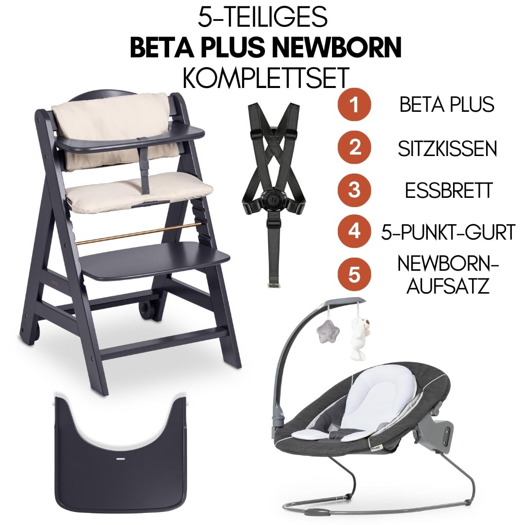 Babyhochstuhl Beta+ Newborn Set Deluxe mit Bouncer Essbrett und Sitzpolster aus Buchenholz bis 90 kg