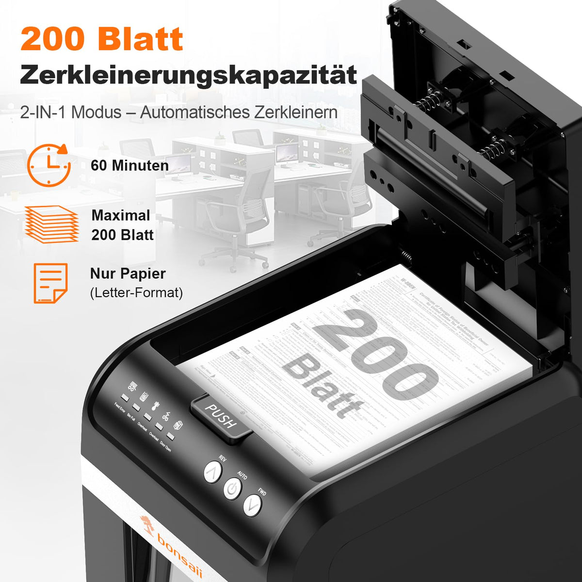 Aktenvernichter C283 Auto-Feed 200 Blatt P-4 Mikroschnitt 60 Min Dauerbetrieb 31 L Behälter 58 dB