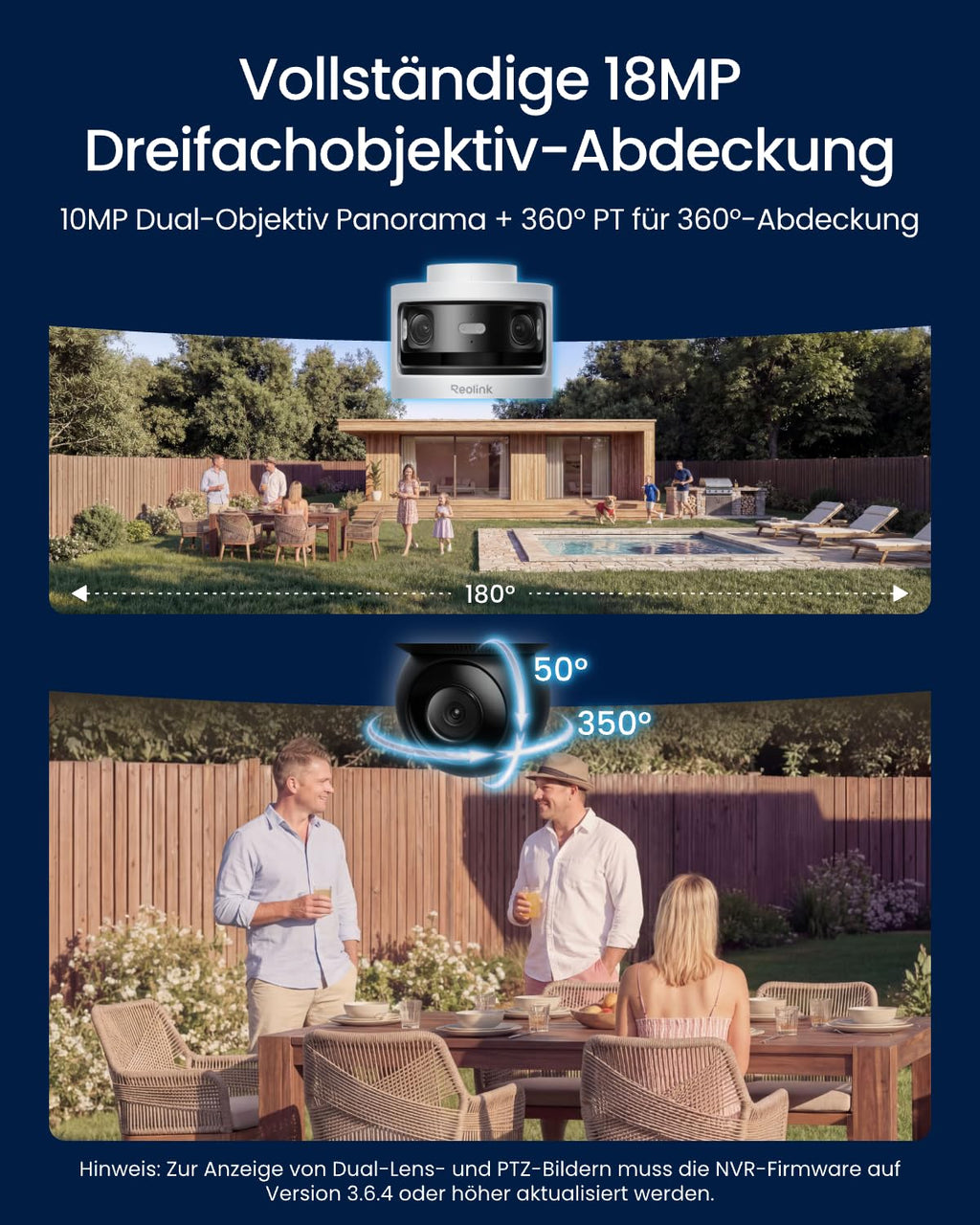 Dreifachobjektiv PoE Überwachungskamera außen 10MP+8MP 180° Panorama PTZ Auto-Tracking KI-Erkennung Farb- und IR-Nachtsicht 24/7-Aufzeichnung