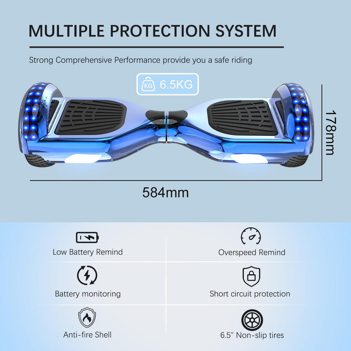 Hoverboard selbstbalancierend 6,5 Zoll ESU010 mit Bluetooth LED Lichtern 12 kmh Elektro Skateboard für Kinder bis 100 kg