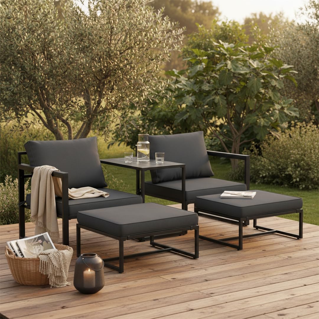 Gartenmöbel Set 5-teilig mit 2 Sesseln 2 Hockern 1 Tisch Metallgestell wetterfest für 2-4 Personen