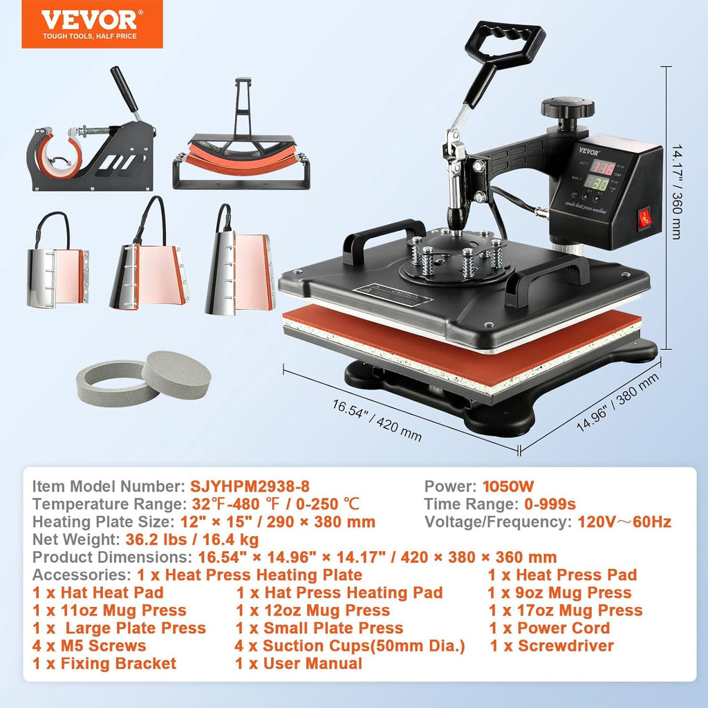 Hitzepresse Transferpresse 38x30cm 8-in-1 1250W 360 Grad Schwenkarm Digital Temperatur- und Zeitsteuerung Sublimation