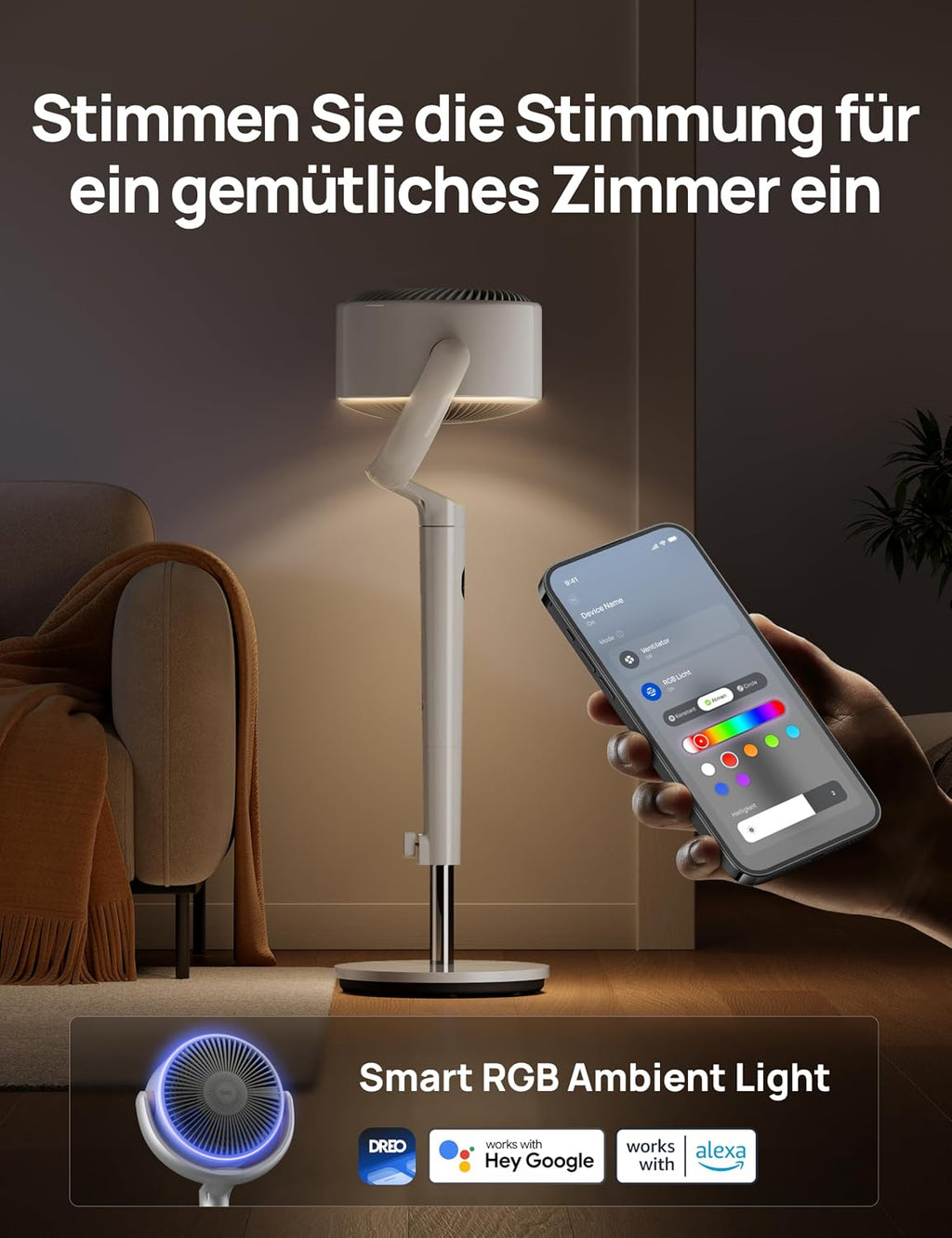 Standventilator mit Oszillation und App-Steuerung DR-HPF008S 120°+120° 9 Stufen 20 dB 89 cm Höhe Timer LED Licht Weiß