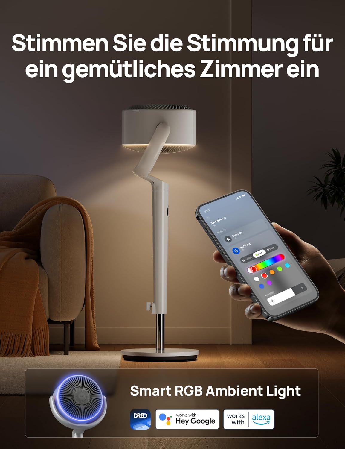 Standventilator mit Oszillation und App-Steuerung DR-HPF008S 120°+120° 9 Stufen 20 dB 89 cm Höhe Timer LED Licht Weiß