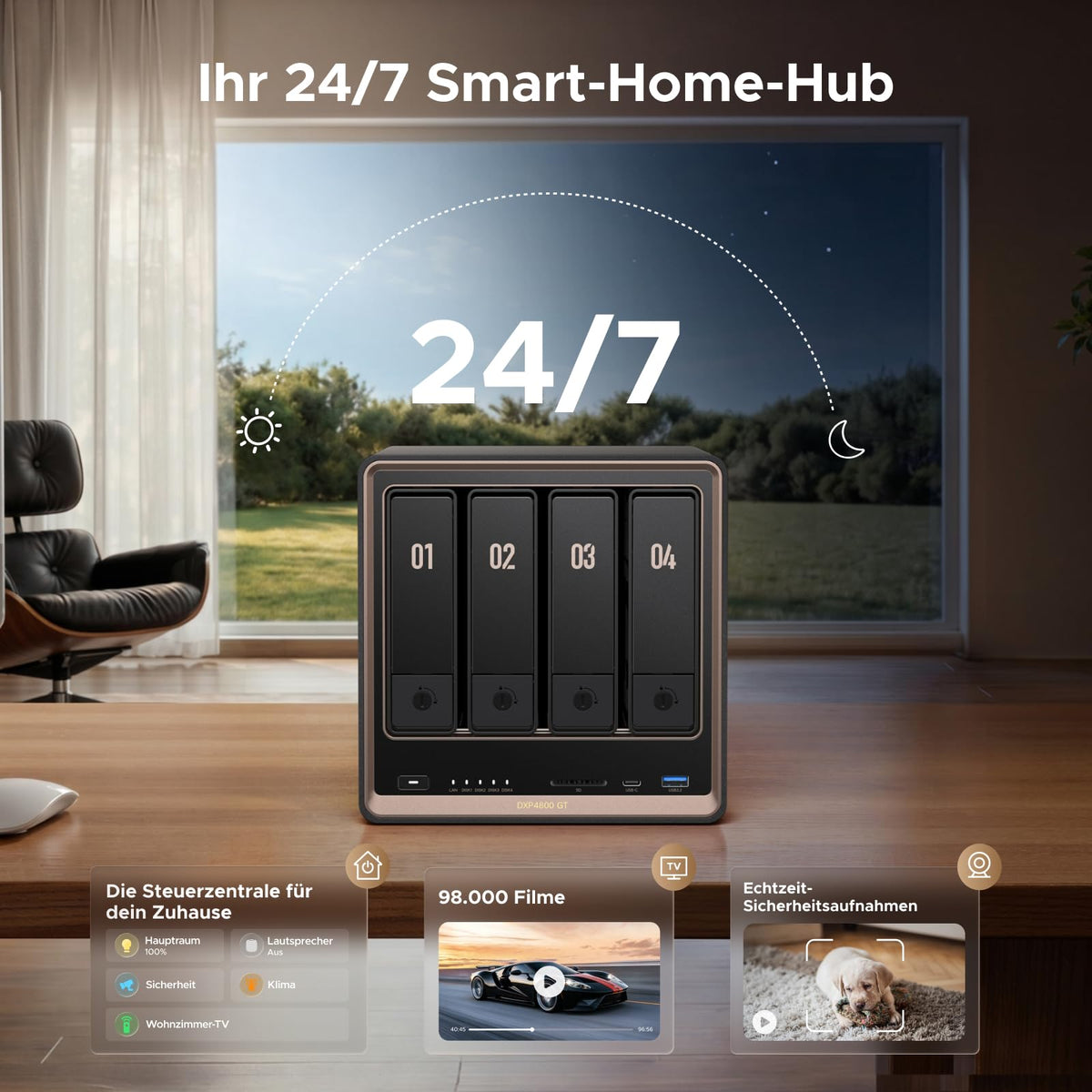 4-Bay NAS DXP4800 GT mit AMD Ryzen R2514 8GB DDR4 Dual 10GbE 4K HDMI 2x M.2 NVMe und U.2 Steckplätzen