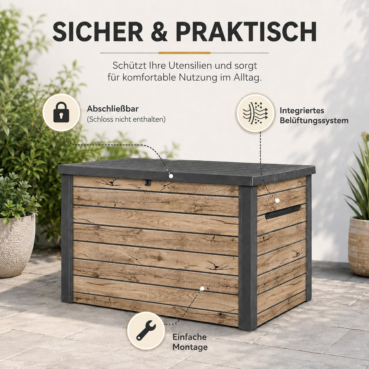 Gartenbox Ontario 870 Liter 147 x 83 x 86 cm aus Kunststoff in Holzoptik mit Gasdruckfedern abschließbar