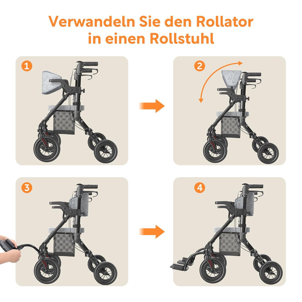 2-in-1 Rollator und Transportstuhl V-RL-Z51-E-BK faltbar aus Aluminium mit Sitz und Outdoor-Reifen bis 136 kg