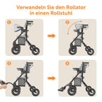 2-in-1 Rollator und Transportstuhl V-RL-Z51-E-BK faltbar aus Aluminium mit Sitz und Outdoor-Reifen bis 136 kg