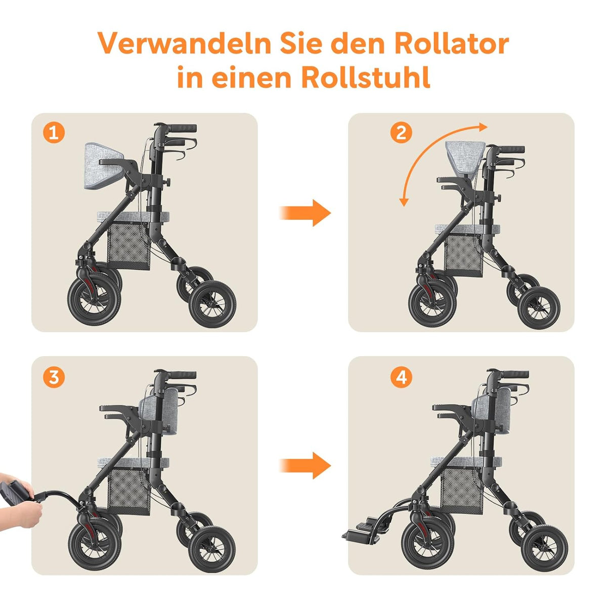 2-in-1 Rollator und Transportstuhl V-RL-Z51-E-BK faltbar aus Aluminium mit Sitz und Outdoor-Reifen bis 136 kg