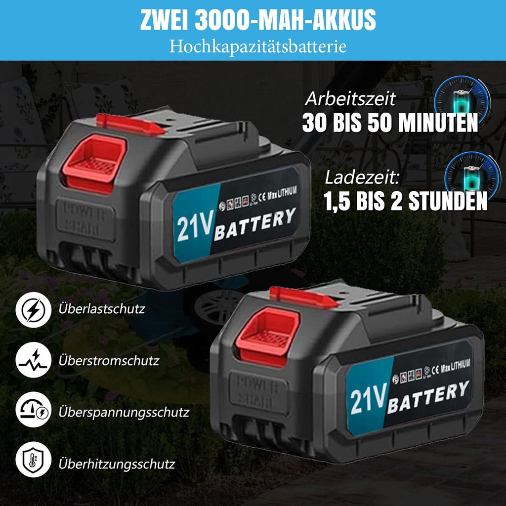 Akku Rasentrimmer Freischneider 4 in 1 21V mit 2 Akkus 12000 U/min 8 Zoll Schnittbreite verstellbarer Griff Winkel